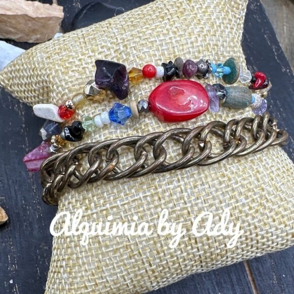 Multi gemstones and chunky brass statement bracelet - Picture 1 of 2